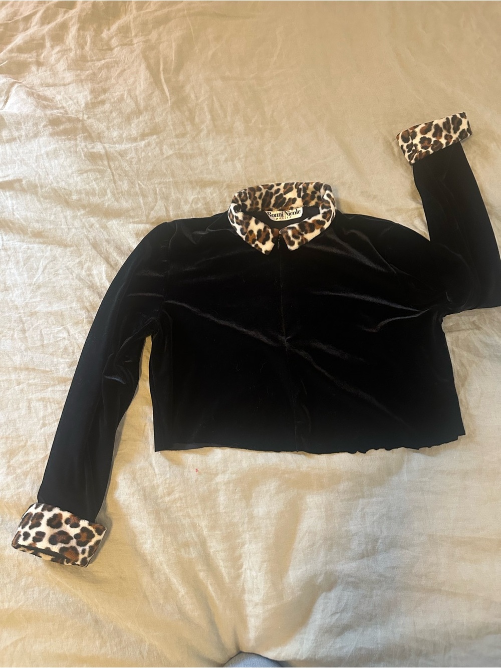 Black Velvet Long-Sleeve Top with Leopard Trim
